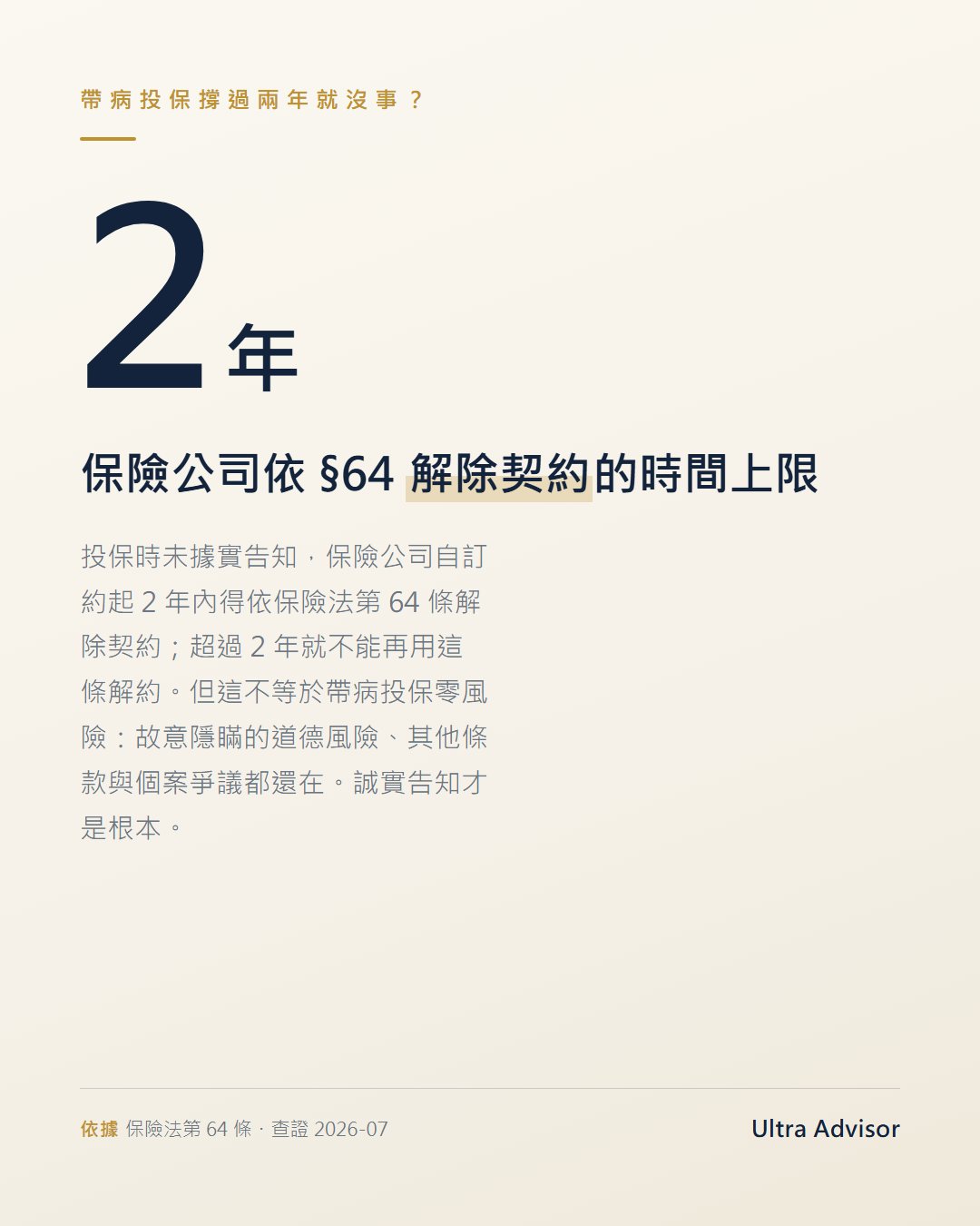 帶病投保二年抗辯期：未據實告知，保險公司自訂約 2 年內得依保險法第 64 條解除契約